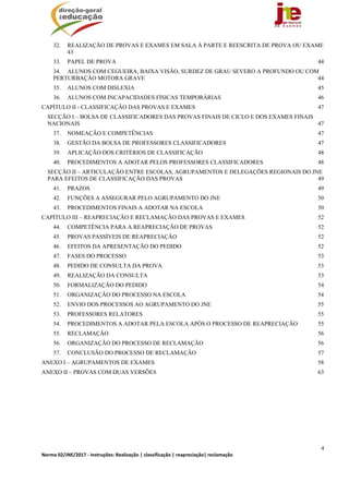 4
Norma 02/JNE/2017 ‐ Instruções: Realização | classificação | reapreciação| reclamação 
32.  REALIZAÇÃO DE PROVAS E EXAMES EM SALA À PARTE E REESCRITA DE PROVA OU EXAME
43 
33.  PAPEL DE PROVA 44 
34.  ALUNOS COM CEGUEIRA, BAIXA VISÃO, SURDEZ DE GRAU SEVERO A PROFUNDO OU COM
PERTURBAÇÃO MOTORA GRAVE 44 
35.  ALUNOS COM DISLEXIA 45 
36.  ALUNOS COM INCAPACIDADES FÍSICAS TEMPORÁRIAS 46 
CAPÍTULO II - CLASSIFICAÇÃO DAS PROVAS E EXAMES 47 
SECÇÃO I – BOLSA DE CLASSIFICADORES DAS PROVAS FINAIS DE CICLO E DOS EXAMES FINAIS
NACIONAIS 47 
37.  NOMEAÇÃO E COMPETÊNCIAS 47 
38.  GESTÃO DA BOLSA DE PROFESSORES CLASSIFICADORES 47 
39.  APLICAÇÃO DOS CRITÉRIOS DE CLASSIFICAÇÃO 48 
40.  PROCEDIMENTOS A ADOTAR PELOS PROFESSORES CLASSIFICADORES 48 
SECÇÃO II – ARTICULAÇÃO ENTRE ESCOLAS, AGRUPAMENTOS E DELEGAÇÕES REGIONAIS DO JNE
PARA EFEITOS DE CLASSIFICAÇÃO DAS PROVAS 49 
41.  PRAZOS 49 
42.  FUNÇÕES A ASSEGURAR PELO AGRUPAMENTO DO JNE 50 
43.  PROCEDIMENTOS FINAIS A ADOTAR NA ESCOLA 50 
CAPÍTULO III – REAPRECIAÇÃO E RECLAMAÇÃO DAS PROVAS E EXAMES 52 
44.  COMPETÊNCIA PARA A REAPRECIAÇÃO DE PROVAS 52 
45.  PROVAS PASSÍVEIS DE REAPRECIAÇÃO 52 
46.  EFEITOS DA APRESENTAÇÃO DO PEDIDO 52 
47.  FASES DO PROCESSO 53 
48.  PEDIDO DE CONSULTA DA PROVA 53 
49.  REALIZAÇÃO DA CONSULTA 53 
50.  FORMALIZAÇÃO DO PEDIDO 54 
51.  ORGANIZAÇÃO DO PROCESSO NA ESCOLA 54 
52.  ENVIO DOS PROCESSOS AO AGRUPAMENTO DO JNE 55 
53.  PROFESSORES RELATORES 55 
54.  PROCEDIMENTOS A ADOTAR PELA ESCOLA APÓS O PROCESSO DE REAPRECIAÇÃO 55 
55.  RECLAMAÇÃO 56 
56.  ORGANIZAÇÃO DO PROCESSO DE RECLAMAÇÃO 56 
57.  CONCLUSÃO DO PROCESSO DE RECLAMAÇÃO 57 
ANEXO I – AGRUPAMENTOS DE EXAMES 58 
ANEXO II – PROVAS COM DUAS VERSÕES 63 
 
	
 