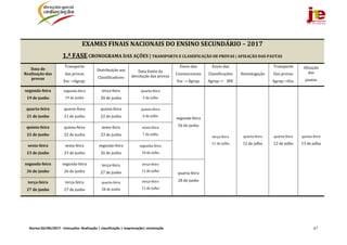 Norma 02/JNE/2017 ‐ Instruções: Realização | classificação | reapreciação| reclamação  67
	
EXAMES	FINAIS	NACIONAIS DO	ENSINO	SECUNDÁRIO – 2017
1.ª	FASE	CRONOGRAMA	DAS	AÇÕES	|	TRANSPORTE	E	CLASSIFICAÇÃO	DE	PROVAS	|	AFIXAÇÃO	DAS	PAUTAS	
Data	de	
Realização	das	
provas	
Transporte	
das	provas	
Esc	→Agrup.	
Distribuição	aos	
Classificadores	
Data	limite	da	
devolução	das	provas	
Envio	dos	
Convencionais	
Esc	→	Agrup.	
Envio	das
Classificações	
Agrup.→				JNE	
Homologação	
Transporte
Das	provas	
Agrup.→Esc.	
Afixação	
das	
pautas	
segunda‐feira	
19	de	junho	
segunda‐feira	
19	de	junho	
terça‐feira	
20	de	junho	
quarta‐feira	
5	de	julho	
segunda‐feira	
26	de	junho	
terça‐feira	
11	de	julho	
quarta‐feira	
12	de	julho	
quarta‐feira	
12	de	julho	
quinta‐feira	
13	de	julho	
quarta‐feira	
21	de	junho	
quarta‐feira	
21	de	junho	
quinta‐feira	
22	de	junho	
quinta‐feira	
6	de	julho	
quinta‐feira	
22	de	junho	
quinta‐feira	
22	de	junho	
sexta‐feira	
23	de	junho	
sexta‐feira	
7	de	julho	
sexta‐feira	
23	de	junho	
sexta‐feira	
23	de	junho	
segunda‐feira	
26	de	junho	
segunda‐feira	
10	de	julho	
segunda‐feira	
26	de	junho	
segunda‐feira	
26	de	junho	
terça‐feira	
27	de	junho	
terça‐feira	
11	de	julho	
quarta‐feira	
28	de	junho	terça‐feira	
27	de	junho	
terça‐feira	
27	de	junho	
quarta‐feira	
28	de	junho	
terça‐feira	
11	de	julho	
	
	
 