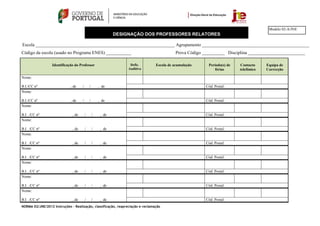 Modelo 02-A/JNE
                                                             DESIGNAÇÃO DOS PROFESSORES RELATORES

Escola _____________________________________________________________ Agrupamento _______________________________________________
Código da escola (usado no Programa ENES) ___________                                      Prova Código __________ Disciplina _________________________

                  Identificação do Professor                       Defic.       Escola de acumulação      Período(s) de   Contacto     Equipa de
                                                                  Auditiva                                   férias       telefónico   Correcção

Nome:

B.I./CC nº                   , de    /       /       , de                                                Cód. Postal:
Nome:

B.I./CC nº                   , de    /       /       , de                                                Cód. Postal:
Nome:

B.I. ./CC nº                  , de       /       /    , de                                               Cód. Postal:
Nome:

B.I. ./CC nº                  , de       /       /    , de                                               Cód. Postal:
Nome:

B.I. ./CC nº                  , de       /       /    , de                                               Cód. Postal:
Nome:

B.I. ./CC nº                  , de       /       /    , de                                               Cód. Postal:
Nome:

B.I. ./CC nº                  , de       /       /    , de                                               Cód. Postal:
Nome:

B.I. ./CC nº                  , de       /       /    , de                                               Cód. Postal:
Nome:

B.I. ./CC nº                  , de       /       /    , de                                               Cód. Postal:
NORMA 02/JNE/2012 Instruções – Realização, classificação, reapreciação e reclamação
 
