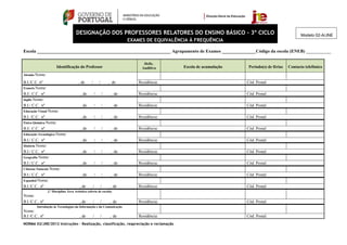 DESIGNAÇÃO DOS PROFESSORES RELATORES DO ENSINO BÁSICO - 3º CICLO                                              Modelo 02-A/JNE
                                                                         EXAMES DE EQUIVALÊNCIA À FREQUÊNCIA

Escola ___________________________________________________________ Agrupamento de Exames _______________Código da escola (ENEB) ___________

                                                                               Defic.
                      Identificação do Professor                              Auditiva       Escola de acumulação    Período(s) de férias   Contacto telefónico
Alemão Nome:

B.I./C.C. nº                           , de      /       /       , de        Residência:                            Cód. Postal:
Francês Nome:
B.I/. C.C. nº                           , de         /       /    , de       Residência:                            Cód. Postal:
Inglês Nome:
B.I./ C.C. nº                           , de         /       /    , de       Residência:                            Cód. Postal:
Educação Visual Nome:
B.I. /C.C. nº                           , de         /       /    , de       Residência:                            Cód. Postal:
Físico-Química Nome:
B.I/. C.C. nº                           , de         /       /    , de       Residência:                            Cód. Postal:
Educação Tecnológica Nome:
B.I./ C.C. nº                           , de         /       /    , de       Residência:                            Cód. Postal:
História Nome:
B.I./ C.C. nº                           , de         /       /    , de       Residência:                            Cód. Postal:
Geografia Nome:
B.I./ C.C. nº                           , de         /       /    , de       Residência:                            Cód. Postal:
Ciências Naturais Nome:
B.I./ C.C. nº                           , de         /       /    , de       Residência:                            Cód. Postal:
Espanhol Nome:
B.I /C.C.. nº                           , de     /       /       , de        Residência:                            Cód. Postal:
                2.ª Disciplina Área Artística (oferta de escola)
Nome:
B.I /C.C.. nº                           , de     /       /       , de        Residência:                            Cód. Postal:
        Introdução às Tecnologias da Informação e da Comunicação
Nome:
B.I /C.C.. nº                           , de     /       /       , de        Residência:                            Cód. Postal:
NORMA 02/JNE/2012 Instruções – Realização, classificação, reapreciação e reclamação
 