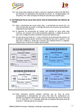 13.2. Aos alunos deve também ser dado a conhecer o disposto na Norma 02/JNE/2013,
          nos números 19. (Desistência da resolução de prova), 21. (Irregularidades), 22.
          (Fraudes) e 24.7 (Não aceitação de folhas de rascunho para classificação).


14. DISTRIBUIÇÃO PELAS SALAS DOS SACOS COM OS ENUNCIADOS DAS PROVAS DE
    EXAME

    14.1. Após a distribuição dos alunos pelas salas, o secretariado de exames faz, em
          cada uma das salas de exame, a entrega dos sacos com as provas aos professores
          responsáveis pela vigilância.
    14.2. O elemento do secretariado de exames que distribui os sacos pelas salas
          confirma, em conjunto com os dois professores vigilantes, o código da prova do
          saco com o código do exame constante na pauta da respetiva sala.
    14.3. No caso das provas finais do 1.º ciclo o elemento do secretariado de exames e os
          professores vigilantes devem confirmar a entrega do saco com o caderno 1 e do
          saco com o caderno 2, sendo que o primeiro tem etiqueta branca e o segundo,
          etiqueta azul, conforme as imagens apresentadas.




    14.4. Estes elementos deverão também confirmar que se trata da prova
          correspondente à chamada/fase em curso. Para este fim, apresenta-se um
          exemplo de etiquetas referentes aos sacos de enunciados das provas finais dos
          2.º e 3.º ciclos da 1.ª e 2.ª chamada, sendo que as etiquetas das provas finais de
          ciclo da 2.ª chamada são de cor amarela.


NORMA 02/JNE/2013 Instruções – Realização, classificação, reapreciação e reclamação            27
 
