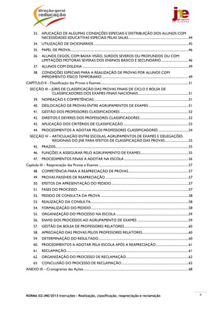 33.     APLICAÇÃO DE ALGUMAS CONDIÇÕES ESPECIAIS E DISTRIBUIÇÃO DOS ALUNOS COM
               NECESSIDADES EDUCATIVAS ESPECIAIS PELAS SALAS ..........................................................................44
       34.     UTILIZAÇÃO DE DICIONÁRIOS ....................................................................................................................45
       35.     PAPEL DE PROVA .................................................................................................................................................46
       36.     ALUNOS CEGOS, COM BAIXA VISÃO, SURDOS SEVEROS OU PROFUNDOS OU COM
               LIMITAÇÕES MOTORAS SEVERAS DOS ENSINOS BÁSICO E SECUNDÁRIO ..................................46
       37.     ALUNOS COM DISLEXIA ..................................................................................................................................49
       38.     CONDIÇÕES ESPECIAIS PARA A REALIZAÇÃO DE PROVAS POR ALUNOS COM
               IMPEDIMENTO FÍSICO TEMPORÁRIO ..........................................................................................................49
CAPÍTULO II - Classificação das Provas e Exames............................................................................................................51
   SECÇÃO III – JÚRIS DE CLASSIFICAÇÃO DAS PROVAS FINAIS DE CICLO E BOLSA DE
                 CLASSIFICADORES DOS EXAMES FINAIS NACIONAIS ..............................................................51
       39.     NOMEAÇÃO E COMPETÊNCIAS ....................................................................................................................51
       40.     DESLOCAÇÃO DE PROVAS ENTRE AGRUPAMENTOS DE EXAMES .................................................51
       41.     GESTÃO DOS PROFESSORES CLASSIFICADORES ....................................................................................52
       42.     DIREITOS E DEVERES DOS PROFESSORES CLASSIFICADORES ............................................................52
       43.     APLICAÇÃO DOS CRITÉRIOS DE CLASSIFICAÇÃO ................................................................................53
       44.     PROCEDIMENTOS A ADOTAR PELOS PROFESSORES CLASSIFICADORES .....................................54
   SECÇÃO IV – ARTICULAÇÃO ENTRE ESCOLAS, AGRUPAMENTOS DE EXAMES E DELEGAÇÕES
               REGIONAIS DO JNE PARA EFEITOS DE CLASSIFICAÇÃO DAS PROVAS .............................55
       45.     PRAZOS ...................................................................................................................................................................55
       46.     FUNÇÕES A ASSEGURAR PELO AGRUPAMENTO DE EXAMES ...........................................................55
       47.     PROCEDIMENTOS FINAIS A ADOTAR NA ESCOLA ...............................................................................56
Capítulo III – Reapreciação das Provas e Exames ..............................................................................................................57
       48.     COMPETÊNCIA PARA A REAPRECIAÇÃO DE PROVAS ..........................................................................57
       49.     PROVAS PASSÍVEIS DE REAPRECIAÇÃO ......................................................................................................57
       50.     EFEITOS DA APRESENTAÇÃO DO PEDIDO ...............................................................................................57
       51.     FASES DO PROCESSO ........................................................................................................................................57
       52.     PEDIDO DE CONSULTA DA PROVA ............................................................................................................58
       53.     REALIZAÇÃO DA CONSULTA ........................................................................................................................58
       54.     FORMALIZAÇÃO DO PEDIDO .......................................................................................................................58
       55.     ORGANIZAÇÃO DO PROCESSO NA ESCOLA .........................................................................................59
       56.     ENVIO DOS PROCESSOS AO AGRUPAMENTO DE EXAMES ...............................................................59
       57.     GESTÃO DA BOLSA DE PROFESSORES RELATORES ...............................................................................60
       58.     APRECIAÇÃO DAS PROVAS PELOS PROFESSORES RELATORES.........................................................60
       59.     DETERMINAÇÃO DO RESULTADO ..............................................................................................................60
       60.     PROCEDIMENTOS A ADOTAR PELA ESCOLA APÓS A REAPRECIAÇÃO ........................................61
       61.     RECLAMAÇÃO......................................................................................................................................................61
       62.     ORGANIZAÇÃO DO PROCESSO DE RECLAMAÇÃO .............................................................................62
       63.     CONCLUSÃO DO PROCESSO DE RECLAMAÇÃO ..................................................................................62
ANEXO III – Cronogramas das Ações .................................................................................................................................68 




NORMA 02/JNE/2013 Instruções – Realização, classificação, reapreciação e reclamação                                                                                                           4
 