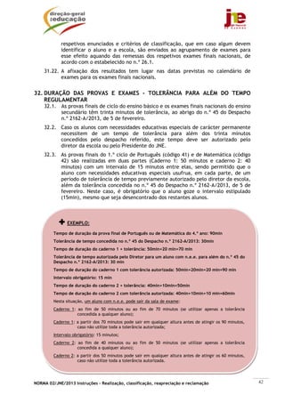 respetivos enunciados e critérios de classificação, que em caso algum devem
            identificar o aluno e a escola, são enviados ao agrupamento de exames para
            esse efeito aquando das remessas dos respetivos exames finais nacionais, de
            acordo com o estabelecido no n.º 26.1.
    31.22. A afixação dos resultados tem lugar nas datas previstas no calendário de
           exames para os exames finais nacionais.


32. DURAÇÃO DAS PROVAS E EXAMES - TOLERÂNCIA PARA ALÉM DO TEMPO
    REGULAMENTAR
    32.1. As provas finais de ciclo do ensino básico e os exames finais nacionais do ensino
          secundário têm trinta minutos de tolerância, ao abrigo do n.º 45 do Despacho
          n.º 2162-A/2013, de 5 de fevereiro.
    32.2. Caso os alunos com necessidades educativas especiais de carácter permanente
          necessitem de um tempo de tolerância para além dos trinta minutos
          concedidos pelo despacho referido, este tempo deve ser autorizado pelo
          diretor da escola ou pelo Presidente do JNE.
    32.3. As provas finais do 1.º ciclo de Português (código 41) e de Matemática (código
          42) são realizadas em duas partes (Caderno 1: 50 minutos e caderno 2: 40
          minutos) com um intervalo de 15 minutos entre elas, sendo permitido que o
          aluno com necessidades educativas especiais usufrua, em cada parte, de um
          período de tolerância de tempo previamente autorizado pelo diretor da escola,
          além da tolerância concedida no n.º 45 do Despacho n.º 2162-A/2013, de 5 de
          fevereiro. Neste caso, é obrigatório que o aluno goze o intervalo estipulado
          (15min), mesmo que seja desencontrado dos restantes alunos.



                EXEMPLO:

         Tempo de duração da prova final de Português ou de Matemática do 4.º ano: 90min
         Tolerância de tempo concedida no n.º 45 do Despacho n.º 2162-A/2013: 30min
         Tempo de duração do caderno 1 + tolerância: 50min+20 min=70 min
         Tolerância de tempo autorizada pelo Diretor para um aluno com n.e.e. para além do n.º 45 do
         Despacho n.º 2162-A/2013: 30 min
         Tempo de duração do caderno 1 com tolerância autorizada: 50min+20min+20 min=90 min
         Intervalo obrigatório: 15 min
         Tempo de duração do caderno 2 + tolerância: 40min+10min=50min
         Tempo de duração do caderno 2 com tolerância autorizada: 40min+10min+10 min=60min
         Nesta situação, um aluno com n.e.e. pode sair da sala de exame:
         Caderno 1: ao fim de 50 minutos ou ao fim de 70 minutos (se utilizar apenas a tolerância
                    concedida a qualquer aluno);
         Caderno 1: a partir dos 70 minutos pode sair em qualquer altura antes de atingir os 90 minutos,
                    caso não utilize toda a tolerância autorizada;
         Intervalo obrigatório: 15 minutos;
         Caderno 2: ao fim de 40 minutos ou ao fim de 50 minutos (se utilizar apenas a tolerância
                    concedida a qualquer aluno);
         Caderno 2: a partir dos 50 minutos pode sair em qualquer altura antes de atingir os 60 minutos,
                    caso não utilize toda a tolerância autorizada.




NORMA 02/JNE/2013 Instruções – Realização, classificação, reapreciação e reclamação                        42
 