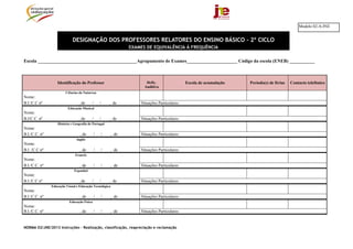 Modelo 02-A/JNE


                            DESIGNAÇÃO DOS PROFESSORES RELATORES DO ENSINO BÁSICO - 2º CICLO
                                                            EXAMES DE EQUIVALÊNCIA À FREQUÊNCIA

Escola ___________________________________________Agrupamento de Exames______________________ Código da escola (ENEB) ___________



                  Identificação do Professor                       Defic.                 Escola de acumulação   Período(s) de férias   Contacto telefónico
                                                                  Auditiva
                        Ciências da Natureza
Nome:
B.I./C.C nº                     , de     /      /    , de       Situações Particulares:
                         Educação Musical
Nome:
B.I/C.C. nº                     , de     /      /    , de       Situações Particulares:
                  História e Geografia de Portugal
Nome:
B.I./C.C. nº                     , de       /   /    , de       Situações Particulares:
                               Inglês
Nome:
B.I ./C.C nº                     , de       /   /    , de       Situações Particulares:
                              Francês
Nome:
B.I./C.C. nº                     , de       /   /    , de       Situações Particulares:
                             Espanhol
Nome:
B.I./C.C nº                     , de     /      /    , de       Situações Particulares:
               Educação Visual e Educação Tecnológica
Nome:
B.I./C.C. nº                     , de       /   /    , de       Situações Particulares:
                          Educação Física
Nome:
B.I./C.C. nº                     , de       /   /    , de       Situações Particulares:


NORMA 02/JNE/2013 Instruções – Realização, classificação, reapreciação e reclamação
 