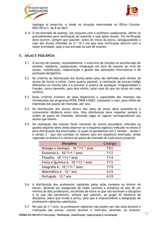 NORMA 02/JNE/2013 Instruções – Realização, classificação, reapreciação e reclamação 17
tipologia aí prescrita, e ainda na situação mencionada no Ofício Circular-
DGE/2013/1, de 8 de abril.
4.12 O secretariado de exames, em conjunto com o professor coadjuvante, define os
procedimentos para verificação do material a usar pelos alunos. Tal verificação
deve ocorrer, sempre que possível, antes do início da prova, salvaguardando o
caso dos alunos referidos no n.º 10.1 em que essa verificação decorre com a
maior brevidade, após a sua entrada na sala de exames.
5. SALAS E VIGILÂNCIA
5.1 O serviço de exames, nomeadamente, o exercício de funções no secretariado de
exames, vigilância, coadjuvação, integração em júris de exames ao nível de
escola, classificação, reapreciação e gestão das aplicações informáticas é de
aceitação obrigatória.
5.2 Os critérios de distribuição dos alunos pelas salas são definidos pelo diretor da
escola de forma a evitar, tanto quanto possível, a realização de provas/código
diferentes na mesma sala e a prevenir a prática de quaisquer irregularidades e
fraudes, nunca devendo, para este efeito, estar mais do que um aluno em cada
carteira.
5.3 Esses critérios (número de salas disponíveis e capacidade das mesmas) são
introduzidos nos programas PFEB, ENEB e ENES, consoante o caso, para efeito de
impressão das pautas de chamada, por sala.
5.4 Na distribuição dos alunos dentro das salas de prova deve acautelar-se a
conveniente distância entre eles. Esta distribuição deve respeitar sempre a
ordem da pauta de chamada, deixando vagos os lugares correspondentes aos
alunos que faltem.
5.5 Na realização dos exames finais nacionais do ensino secundário referidos no
quadro seguinte deve ainda observar-se o esquema logístico indicado no Anexo II
para distribuição dos enunciados, os quais se apresentam em 2 versões – versão 1
e versão 2 – que vão contidas no mesmo saco em sequência alternada, sendo
registado no Anexo II o número de pauta de chamada de cada aluno presente.
Disciplina C ó d i g o
Biologia e Geologia – 10.º/11.º anos 7 0 2
Economia A – 10.º/11.º anos 7 1 2
Filosofia – 10.º/11.º anos 7 1 4
Física e Química A – 10.º/11.º anos 7 1 5
Geografia A - 10.º/11.º anos 7 1 9
Matemática A – 12.º ano 6 3 5
Português – 12.º ano 6 3 9
5.6 A distribuição dos professores vigilantes pelas salas compete ao diretor da
escola, devendo ser assegurada de modo contínuo a presença na sala de um
mínimo de dois professores, escolhidos de entre os que não lecionam a disciplina
e os que não pertencem, sempre que possível, ao grupo de docência da
disciplina, sobre que incide a prova, pelo que é imprescindível a designação de
professores vigilantes substitutos.
5.7 No caso do 1.º ciclo, os professores vigilantes não podem sair das salas durante a
realização das provas, exceto durante o intervalo, devendo, no entanto,
 