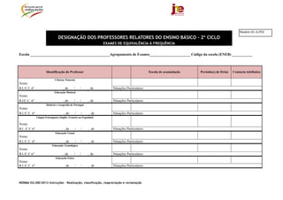 NORMA 02/JNE/2013 Instruções – Realização, classificação, reapreciação e reclamação
DESIGNAÇÃO DOS PROFESSORES RELATORES DO ENSINO BÁSICO - 2º CICLO
EXAMES DE EQUIVALÊNCIA À FREQUÊNCIA
Escola ___________________________________________Agrupamento de Exames______________________ Código da escola (ENEB) ___________
Identificação do Professor Escola de acumulação Período(s) de férias Contacto telefónico
Ciências Naturais
Nome:
B.I./C.C nº , de / / , de Situações Particulares:
Educação Musical
Nome:
B.I/C.C. nº , de / / , de Situações Particulares:
História e Geografia de Portugal
Nome:
B.I./C.C. nº , de / / , de Situações Particulares:
Língua Estrangeira (Inglês, Francês ou Espanhol)
Nome:
B.I ./C.C nº , de / / , de Situações Particulares:
Educação Visual
Nome:
B.I./C.C. nº , de / / , de Situações Particulares:
Educação Tecnológica
Nome:
B.I./C.C nº , de / / , de Situações Particulares:
Educação Física
Nome:
B.I./C.C. nº , de / / , de Situações Particulares:
Modelo 02-A/JNE
 