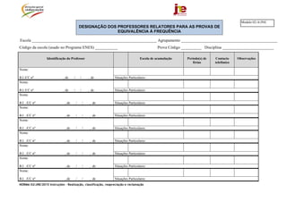 NORMA 02/JNE/2015 Instruções – Realização, classificação, reapreciação e reclamação
DESIGNAÇÃO DOS PROFESSORES RELATORES PARA AS PROVAS DE
EQUIVALÊNCIA À FREQUÊNCIA
Escola _____________________________________________________________ Agrupamento _______________________________________________
Código da escola (usado no Programa ENES) ___________ Prova Código __________ Disciplina _________________________
Identificação do Professor Escola de acumulação Período(s) de
férias
Contacto
telefónico
Observações
Nome:
B.I./CC nº , de / / , de Situações Particulares:
Nome:
B.I./CC nº , de / / , de Situações Particulares:
Nome:
B.I. ./CC nº , de / / , de Situações Particulares:
Nome:
B.I. ./CC nº , de / / , de Situações Particulares:
Nome:
B.I. ./CC nº , de / / , de Situações Particulares:
Nome:
B.I. ./CC nº , de / / , de Situações Particulares:
Nome:
B.I. ./CC nº , de / / , de Situações Particulares:
Nome:
B.I. ./CC nº , de / / , de Situações Particulares:
Nome:
B.I. ./CC nº , de / / , de Situações Particulares:
Modelo 02-A/JNE
 