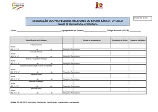 NORMA 02/JNE/2015 Instruções – Realização, classificação, reapreciação e reclamação
DESIGNAÇÃO DOS PROFESSORES RELATORES DO ENSINO BÁSICO - 2º CICLO
EXAMES DE EQUIVALÊNCIA À FREQUÊNCIA
Escola ___________________________________________Agrupamento de Exames______________________ Código da escola (ENEB) ___________
Identificação do Professor Escola de acumulação Período(s) de férias Contacto telefónico
Ciências Naturais
Nome:
B.I./C.C nº , de / / , de Situações Particulares:
Educação Musical
Nome:
B.I/C.C. nº , de / / , de Situações Particulares:
História e Geografia de Portugal
Nome:
B.I./C.C. nº , de / / , de Situações Particulares:
Língua Estrangeira (Inglês, Francês ou Espanhol)
Nome:
B.I ./C.C nº , de / / , de Situações Particulares:
Educação Visual
Nome:
B.I./C.C. nº , de / / , de Situações Particulares:
Educação Tecnológica
Nome:
B.I./C.C nº , de / / , de Situações Particulares:
Educação Física
Nome:
B.I./C.C. nº , de / / , de Situações Particulares:
Modelo 02-A/JNE
 