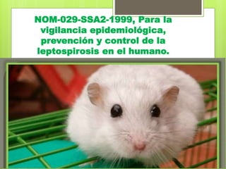 NOM-029-SSA2-1999, Para la
vigilancia epidemiológica,
prevención y control de la
leptospirosis en el humano.
 