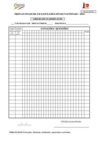 NORMA 02/JNE/2014 Instruções – Realização, classificação, reapreciação e reclamação
PROVAS FINAIS DE CICLO/EXAMES FINAIS NACIONAIS – 2014
GRELHA DE CLASSIFICAÇÃO
____ª CHAMADA/FASE PROVA/CÓDIGO_______ DISCIPLINA_________________________
Total
O Professor classificador,
____/____/____
___________________________________
Modelo 04/JNE
COTAÇÕES / QUESTÕESCÓDIGO
CONFI-
DENCIAL
DA
ESCOLA
NÚMERO
CONVEN-
CIONAL
DA
PROVA
 