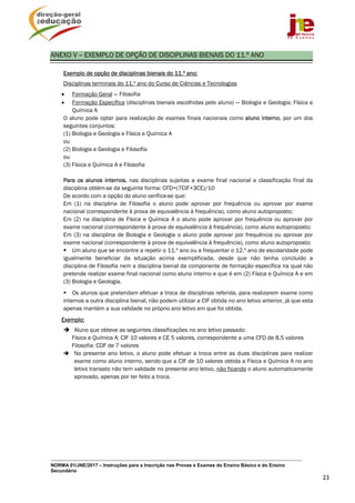 NORMA 01/JNE/2017 – Instruções para a Inscrição nas Provas e Exames do Ensino Básico e do Ensino
Secundário
23
ANEXO V – EXEMPLO DE OPÇÃO DE DISCIPLINAS BIENAIS DO 11.º ANO
Exemplo de opção de disciplinas bienais do 11.º ano:
Disciplinas terminais do 11.º ano do Curso de Ciências e Tecnologias
 Formação Geral — Filosofia
 Formação Específica (disciplinas bienais escolhidas pelo aluno) — Biologia e Geologia; Física e
Química A
O aluno pode optar para realização de exames finais nacionais como aluno interno, por um dos
seguintes conjuntos:
(1) Biologia e Geologia e Física e Química A
ou
(2) Biologia e Geologia e Filosofia
ou
(3) Física e Química A e Filosofia
Para os alunos internos, nas disciplinas sujeitas a exame final nacional a classificação final da
disciplina obtém-se da seguinte forma: CFD=(7CIF+3CE)/10
De acordo com a opção do aluno verifica-se que:
Em (1) na disciplina de Filosofia o aluno pode aprovar por frequência ou aprovar por exame
nacional (correspondente à prova de equivalência à frequência), como aluno autoproposto;
Em (2) na disciplina de Física e Química A o aluno pode aprovar por frequência ou aprovar por
exame nacional (correspondente à prova de equivalência à frequência), como aluno autoproposto;
Em (3) na disciplina de Biologia e Geologia o aluno pode aprovar por frequência ou aprovar por
exame nacional (correspondente à prova de equivalência à frequência), como aluno autoproposto;
 Um aluno que se encontre a repetir o 11.º ano ou a frequentar o 12.º ano de escolaridade pode
igualmente beneficiar da situação acima exemplificada, desde que não tenha concluído a
disciplina de Filosofia nem a disciplina bienal da componente de formação específica na qual não
pretende realizar exame final nacional como aluno interno e que é em (2) Física e Química A e em
(3) Biologia e Geologia.
 Os alunos que pretendam efetuar a troca de disciplinas referida, para realizarem exame como
internos a outra disciplina bienal, não podem utilizar a CIF obtida no ano letivo anterior, já que esta
apenas mantém a sua validade no próprio ano letivo em que foi obtida.
Exemplo:
 Aluno que obteve as seguintes classificações no ano letivo passado:
Física e Química A: CIF 10 valores e CE 5 valores, correspondente a uma CFD de 8,5 valores
Filosofia: CDF de 7 valores
 No presente ano letivo, o aluno pode efetuar a troca entre as duas disciplinas para realizar
exame como aluno interno, sendo que a CIF de 10 valores obtida a Física e Química A no ano
letivo transato não tem validade no presente ano letivo, não ficando o aluno automaticamente
aprovado, apenas por ter feito a troca.
 
