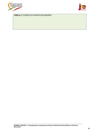 NORMA 01/JNE/2017 – Instruções para a Inscrição nas Provas e Exames do Ensino Básico e do Ensino
Secundário
36
TABELA C: CURSOS DO ENSINO SECUNDÁRIO
 