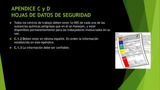 APENDICE C y D
HOJAS DE DATOS DE SEGURIDAD
 Todos los centros de trabajo deben tener la HDS de cada una de las
sustancias químicas peligrosas que en él se manejen, y estar
disponibles permanentemente para los trabajadores involucrados en su
uso.
 C.1.2 Deben estar en idioma español. En orden la información
establecida en este Apéndice.
 C.1.3 La información debe ser confiable.
 