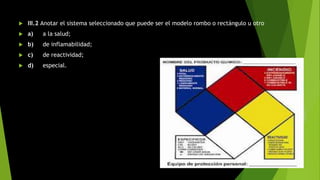  III.2 Anotar el sistema seleccionado que puede ser el modelo rombo o rectángulo u otro
 a) a la salud;
 b) de inflamabilidad;
 c) de reactividad;
 d) especial.
 