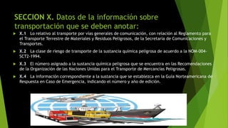 SECCION X. Datos de la información sobre
transportación que se deben anotar:
 X.1 Lo relativo al transporte por vías generales de comunicación, con relación al Reglamento para
el Transporte Terrestre de Materiales y Residuos Peligrosos, de la Secretaría de Comunicaciones y
Transportes.
 X.2 La clase de riesgo de transporte de la sustancia química peligrosa de acuerdo a la NOM-004-
SCT2-1994.
 X.3 El número asignado a la sustancia química peligrosa que se encuentra en las Recomendaciones
de la Organización de las Naciones Unidas para el Transporte de Mercancías Peligrosas.
 X.4 La información correspondiente a la sustancia que se establezca en la Guía Norteamericana de
Respuesta en Caso de Emergencia, indicando el número y año de edición.
 