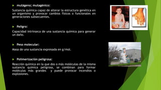  mutágeno; mutagénico:
Sustancia química capaz de alterar la estructura genética en
un organismo y provocar cambios físicos o funcionales en
generaciones subsecuentes.
 Peligro:
Capacidad intrínseca de una sustancia química para generar
un daño.
 Peso molecular:
Masa de una sustancia expresada en g/mol.
 Polimerización peligrosa:
Reacción química en la que dos o más moléculas de la misma
sustancia química peligrosa, se combinan para formar
moléculas más grandes y puede provocar incendios o
explosiones.
 