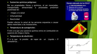  Sustancias químicas peligrosas:
Por sus propiedades físicas y químicas, al ser manejadas,
transportadas, almacenadas o procesadas presentan
posibilidad de:
 riesgos a la salud
 Inflamabilidad
 Reactividad
Pueden afectar la salud de las personas expuestas o causar
daños materiales a las instalaciones.
 Temperatura de autoignición:
T mín a la que una sustancia química entra en combustión en
ausencia de chispa o llama.
 Temperatura de ebullición:
T a la que la presión de vapor de un Liquido = P
atmosférica .
 