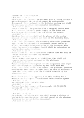 through (M) of this section.
1910.66(f)(5)(v)(B)
Each stabilizer tie shall be equipped with a "quick connect -
quick disconnect" device which cannot be accidentally
disengaged, for attachment to the building anchor, and shall
be resistant to adverse environmental conditions.
1910.66(f)(5)(v)(C)
The platform shall be provided with a stopping device that
will interrupt the hoist power supply in the event the
platform contacts a stabilizer tie during its ascent.
1910.66(f)(5)(v)(D)
Building face rollers shall not be placed at the anchor
setting if exterior anchors are used on the building face.
1910.66(f)(5)(v)(E)
Stabilizer ties used on intermittently stabilized platforms
shall allow for the specific attachment length needed to
effect the predetermined angulation of the suspended wire
rope. The specific attachment length shall be maintained at
all building anchor locations.
1910.66(f)(5)(v)(F)
The platform shall be in continuous contact with the face of
the building during ascent and descent.
1910.66(f)(5)(v)(G)
The attachment and removal of stabilizer ties shall not
require the horizontal movement of the platform.
1910.66(f)(5)(v)(H)
The platform-mounted equipment and its suspension wire ropes
shall not be physically damaged by the loads from the
stabilizer tie or its building anchor. The platform, platform
mounted equipment and wire ropes shall be able to withstand a
load that is at least twice the ultimate strength of the
stabilizer tie.
Note: See Figure 11 in appendix B of this section for a
description of a typical intermittent stabilization system.
1910.66(f)(5)(vi)
Button-guide stabilized platforms.
1910.66(f)(5)(vi)(A)
The platform shall comply with paragraphs (f)(5)(ii)(A)
through (M) of this section.
..1910.66(f)(5)(vi)(B)
1910.66(f)(5)(vi)(B)
Each guide track on the platform shall engage a minimum of
two guide buttons during any vertical travel of the platform
following the initial button engagement.
1910.66(f)(5)(vi)(C)
 