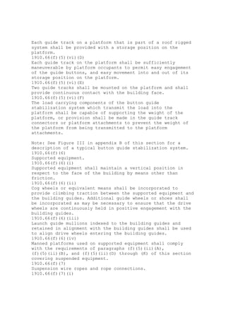 Each guide track on a platform that is part of a roof rigged
system shall be provided with a storage position on the
platform.
1910.66(f)(5)(vi)(D)
Each guide track on the platform shall be sufficiently
maneuverable by platform occupants to permit easy engagement
of the guide buttons, and easy movement into and out of its
storage position on the platform.
1910.66(f)(5)(vi)(E)
Two guide tracks shall be mounted on the platform and shall
provide continuous contact with the building face.
1910.66(f)(5)(vi)(F)
The load carrying components of the button guide
stabilization system which transmit the load into the
platform shall be capable of supporting the weight of the
platform, or provision shall be made in the guide track
connectors or platform attachments to prevent the weight of
the platform from being transmitted to the platform
attachments.
Note: See Figure III in appendix B of this section for a
description of a typical button guide stabilization system.
1910.66(f)(6)
Supported equipment.
1910.66(f)(6)(i)
Supported equipment shall maintain a vertical position in
respect to the face of the building by means other than
friction.
1910.66(f)(6)(ii)
Cog wheels or equivalent means shall be incorporated to
provide climbing traction between the supported equipment and
the building guides. Additional guide wheels or shoes shall
be incorporated as may be necessary to ensure that the drive
wheels are continuously held in positive engagement with the
building guides.
1910.66(f)(6)(iii)
Launch guide mullions indexed to the building guides and
retained in alignment with the building guides shall be used
to align drive wheels entering the building guides.
1910.66(f)(6)(iv)
Manned platforms used on supported equipment shall comply
with the requirements of paragraphs (f)(5)(ii)(A),
(f)(5)(ii)(B), and (f)(5)(ii)(D) through (K) of this section
covering suspended equipment.
1910.66(f)(7)
Suspension wire ropes and rope connections.
1910.66(f)(7)(i)
 