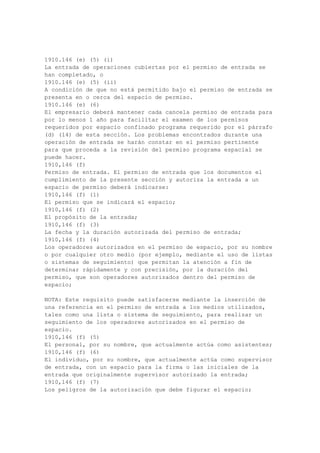 1910.268(m)(7)(vi)
The employer shall insure that when antenna work has been completed, the rigger in charge
of the job returns to the transmitter, notifies the transmitting technician in charge that work
has been completed, and personally removes the tag from the antenna ground switch.
1910.268(n)
Overhead lines --
1910.268(n)(1)
Handling suspension strand .
..1910.268(n)(1)(i)
1910.268(n)(1)(i)
The employer shall insure that when handling cable suspension strand which is being
installed on poles carrying exposed energized power conductors, employees shall wear
insulating gloves and shall avoid body contact with the strand until after it has been
tensioned, dead-ended and permanently grounded.
1910.268(n)(1)(ii)
The strand shall be restrained against upward movement during installation:
1910.268(n)(1)(ii)(A)
On joint-use poles, where there is an upward change in grade at the pole, and
1910.268(n)(1)(ii)(B)
On non-joint-use poles, where the line crosses under energized power conductors.
1910.268(n)(2)
Need for testing wood poles . Unless temporary guys or braces are attached, the following
poles shall be tested in accordance with paragraph (n)(3) of this section and determined to be
safe before employees are permitted to climb them:
1910.268(n)(2)(i)
Dead-end poles, except properly braced or guyed "Y" or "T" cable junction poles,
1910.268(n)(2)(ii)
Straight line poles which are not storm guyed and where adjacent span lengths exceed 165
feet,
1910.268(n)(2)(iii)
Poles at which there is a downward change in grade and which are not guyed or braced
corner poles or cable junction poles,
1910.268(n)(2)(iv)
Poles which support only telephone drop wire, and
1910.268(n)(2)(v)
Poles which carry less than ten communication line wires. On joint use poles, one power line
wire shall be considered as two communication wires for purposes of this paragraph
(n)(2)(v).
1910.268(n)(3)
Methods for testing wood poles . One of the following methods or an equivalent method
shall be used for testing wood poles:
1910.268(n)(3)(i)
Rap the pole sharply with a hammer weighing about 3 pounds, starting near the ground line
and continuing upwards circumferentially around the pole to a height of approximately 6
feet. The hammer will produce a clear sound and rebound sharply when striking sound wood.
Decay pockets will be indicated by a dull sound and/or a less pronounced hammer rebound.
When decay pockets are indicated, the pole shall be considered unsafe. Also, prod the pole as
near the ground line as possible using a pole prod or a screwdriver with a blade at least 5
inches long. If substantial decay is encountered, the pole shall be considered unsafe.
 