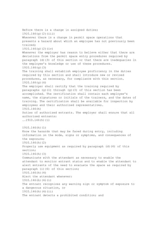 Other elevated locations . Safety straps and body belts shall be worn when working at
elevated positions on poles, towers or similar structures, which do not have adequately
guarded work areas.
..1910.268(n)(9)
1910.268(n)(9)
Installing and removing wire and cable . Before installing or removing wire or cable, the
pole or structure shall be guyed, braced, or otherwise supported, as necessary, to prevent
failure of the pole or structure.
1910.268(n)(10)
Avoiding contact with energized power conductors or equipment . When cranes, derricks, or
other mechanized equipment are used for setting, moving, or removing poles, all necessary
precautions shall be taken to avoid contact with energized power conductors or equipment.
1910.268(n)(11)
Handling poles near energized power conductors .
1910.268(n)(11)(i)
Joint use poles may not be set, moved, or removed where the nominal voltage of open
electrical power conductors exceeds 34.5kV phase to phase (20kV to ground).
1910.268(n)(11)(ii)
Poles that are to be placed, moved or removed during heavy rains, sleet or wet snow in joint
lines carrying more than 8.7kV phase to phase voltage (5kV to ground) shall be guarded or
otherwise prevented from direct contact with overhead energized power conductors.
1910.268(n)(11)(iii)(A)
In joint lines where the power voltage is greater than 750 volts but less than 34.5kV phase to
phase (20 kV to ground), wet poles being placed, moved or removed shall be insulated with
either a rubber insulating blanket, a fiberglass box guide, or equivalent protective equipment.
1910.268(n)(11)(iii)(B)
In joint lines where the power voltage is greater than 8.7 kV phase to phase (5kV to ground)
but less than 34.5kV phase to phase (20 kV to ground), dry poles being placed, moved, or
removed shall be insulated with either a rubber insulating blanket, a fiberglass box guide, or
equivalent protective equipment.
1910.268(n)(11)(iii)(C)
Where wet or dry poles are being removed, insulation of the pole is not required if the pole is
cut off 2 feet or more below the lowest power wire and also cut off near the ground line.
1910.268(n)(11)(iv)
Insulating gloves shall be worn when handling the pole with either hands or tools, when there
exists a possibility that the pole may contact a power conductor. Where the voltage to ground
of the power conductor exceeds 15kV to ground, Class II gloves (as defined in ANSI J6.6-
1971) shall be used. For voltages not exceeding 15kV to ground, insulating gloves shall have
a breakdown voltage of at least 17kV.
1910.268(n)(11)(v)
The guard or insulating material used to protect the pole shall meet the appropriate 3 minute
proof test voltage requirements contained in the ANSI J6.4-1971.
..1910.268(n)(11)(vi)
1910.268(n)(11)(vi)
When there exists a possibility of contact between the pole or the vehicle-mounted
equipment used to handle the pole, and an energized power conductor, the following
precautions shall be observed:
 