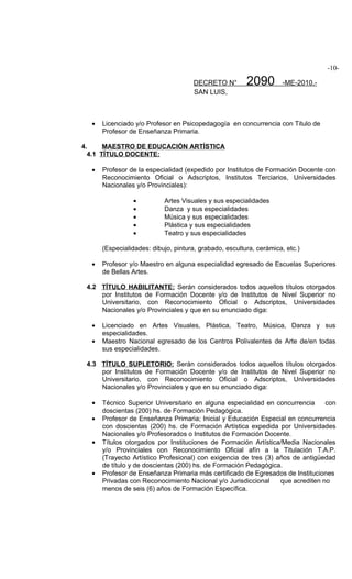 -10-

                                     DECRETO N°         2090        -ME-2010.-
                                     SAN LUIS,



  •   Licenciado y/o Profesor en Psicopedagogía en concurrencia con Titulo de
      Profesor de Enseñanza Primaria.

4.     MAESTRO DE EDUCACIÓN ARTÍSTICA
  4.1 TÍTULO DOCENTE:

  •   Profesor de la especialidad (expedido por Institutos de Formación Docente con
      Reconocimiento Oficial o Adscriptos, Institutos Terciarios, Universidades
      Nacionales y/o Provinciales):

                •          Artes Visuales y sus especialidades
                •          Danza y sus especialidades
                •          Música y sus especialidades
                •          Plástica y sus especialidades
                •          Teatro y sus especialidades

      (Especialidades: dibujo, pintura, grabado, escultura, cerámica, etc.)

  •   Profesor y/o Maestro en alguna especialidad egresado de Escuelas Superiores
      de Bellas Artes.

 4.2 TÍTULO HABILITANTE: Serán considerados todos aquellos títulos otorgados
     por Institutos de Formación Docente y/o de Institutos de Nivel Superior no
     Universitario, con Reconocimiento Oficial o Adscriptos, Universidades
     Nacionales y/o Provinciales y que en su enunciado diga:

  •   Licenciado en Artes Visuales, Plástica, Teatro, Música, Danza y sus
      especialidades.
  •   Maestro Nacional egresado de los Centros Polivalentes de Arte de/en todas
      sus especialidades.

 4.3 TÍTULO SUPLETORIO: Serán considerados todos aquellos títulos otorgados
     por Institutos de Formación Docente y/o de Institutos de Nivel Superior no
     Universitario, con Reconocimiento Oficial o Adscriptos, Universidades
     Nacionales y/o Provinciales y que en su enunciado diga:

  •   Técnico Superior Universitario en alguna especialidad en concurrencia      con
      doscientas (200) hs. de Formación Pedagógica.
  •   Profesor de Enseñanza Primaria; Inicial y Educación Especial en concurrencia
      con doscientas (200) hs. de Formación Artística expedida por Universidades
      Nacionales y/o Profesorados o Institutos de Formación Docente.
  •   Títulos otorgados por Instituciones de Formación Artística/Media Nacionales
      y/o Provinciales con Reconocimiento Oficial afín a la Titulación T.A.P.
      (Trayecto Artístico Profesional) con exigencia de tres (3) años de antigüedad
      de título y de doscientas (200) hs. de Formación Pedagógica.
  •   Profesor de Enseñanza Primaria más certificado de Egresados de Instituciones
      Privadas con Reconocimiento Nacional y/o Jurisdiccional     que acrediten no
      menos de seis (6) años de Formación Específica.
 