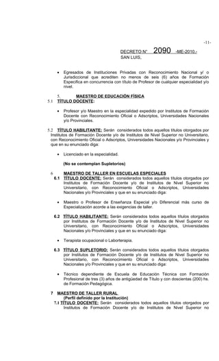 -11-

                                            DECRETO N°     2090        -ME-2010.-
                                            SAN LUIS,


       •   Egresados de Instituciones Privadas con Reconocimiento Nacional y/ o
           Jurisdiccional que acrediten no menos de seis (6) años de Formación
           Especifica en concurrencia con título de Profesor de cualquier especialidad y/o
           nivel.

       5.      MAESTRO DE EDUCACIÓN FÍSICA
5.1    TÍTULO DOCENTE:

       •   Profesor y/o Maestro en la especialidad expedido por Institutos de Formación
           Docente con Reconocimiento Oficial o Adscriptos, Universidades Nacionales
           y/o Provinciales.

5.2 TÍTULO HABILITANTE: Serán considerados todos aquellos títulos otorgados por
  Institutos de Formación Docente y/o de Institutos de Nivel Superior no Universitario,
  con Reconocimiento Oficial o Adscriptos, Universidades Nacionales y/o Provinciales y
  que en su enunciado diga:

       •   Licenciado en la especialidad.

           (No se contemplan Supletorios)

 6        MAESTRO DE TALLER EN ESCUELAS ESPECIALES
      6.1 TÍTULO DOCENTE: Serán considerados todos aquellos títulos otorgados por
          Institutos de Formación Docente y/o de Institutos de Nivel Superior no
          Universitario, con Reconocimiento Oficial o Adscriptos, Universidades
          Nacionales y/o Provinciales y que en su enunciado diga:

       •   Maestro o Profesor de Enseñanza Especial y/o Diferencial más curso de
           Especialización acorde a las exigencias de taller.

      6.2 TÍTULO HABILITANTE: Serán considerados todos aquellos títulos otorgados
          por Institutos de Formación Docente y/o de Institutos de Nivel Superior no
          Universitario, con Reconocimiento Oficial o Adscriptos, Universidades
          Nacionales y/o Provinciales y que en su enunciado diga:

       •   Terapista ocupacional o Laborterapia.

      6.3 TÍTULO SUPLETORIO: Serán considerados todos aquellos títulos otorgados
          por Institutos de Formación Docente y/o de Institutos de Nivel Superior no
          Universitario, con Reconocimiento Oficial o Adscriptos, Universidades
          Nacionales y/o Provinciales y que en su enunciado diga:

       •   Técnico dependiente de Escuela de Educación Técnica con Formación
           Profesional de tres (3) años de antigüedad de Título y con doscientas (200) hs.
           de Formación Pedagógica.

 7      MAESTRO DE TALLER RURAL
            (Perfil definido por la Institución)
      7.1 TÍTULO DOCENTE: Serán considerados todos aquellos títulos otorgados por
            Institutos de Formación Docente y/o de Institutos de Nivel Superior no
 