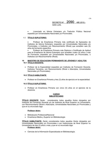 -14-

                                      DECRETO N°        2090          -ME-2010.-
                                      SAN LUIS,


       •     Licenciado en Idioma Extranjero y/o Traductor Público Nacional
       expedido por Universidades Nacionales y/o Provinciales.

 9.3   TÍTULO SUPLETORIO:

       •       Profesor de Enseñanza Primaria más certificado de Egresados de
       Institutos de Idioma Extranjero (expedido por Universidades Nacionales y/o
       Provinciales, o Institutos con Reconocimiento Oficial) que acrediten seis (6)
       años de formación específica.
       •       Profesor de Enseñanza Primaria más Diploma o Certificado de Aptitud
       para la Enseñanza de Idioma Extranjero que acrediten cuatro (4) años o mas
       de Formación (expedido por Universidades Nacionales y/o Provinciales, o
       Institutos con Reconocimiento Oficial).

10    MAESTRO DE EDUCACION PERMANENTE DE JÓVENES Y ADULTOS
 10.1 TÍTULO DOCENTE:

   •   Profesor de la Especialidad (expedido por Institutos de Formación Docente,
       Institutos Terciarios, con Reconocimiento Oficial o Adscriptos, Universidades
       Nacionales y/o Provinciales).

 10.2 TÍTULO HABILITANTE

   •   Profesor en Enseñanza Primaria y tres (3) años de ejercicio en la especialidad.

 10.3 TÍTULO SUPLETORIO.

   •   Profesor en Enseñanza Primaria con cinco (5) años en el ejercicio de la
       docencia.

                                      CARGO
                                  BIBLIOTECARIO

TÍTULO DOCENTE: Serán considerados todos aquellos títulos otorgados por
Institutos de Formación Docente y/o de Institutos de Nivel Superior no Universitario,
con Reconocimiento Oficial o Adscriptos, Universidades Nacionales y/o Provinciales y
que en su enunciado diga:

       Profesor de/en:

   •   Bibliotecario Profesional/Nacional
   •   Enseñanza Media y Superior en Bibliotecología

TÍTULO HABILITANTE: Serán considerados todos aquellos títulos otorgados por
Universidades Nacionales y/o Provinciales o por Instituciones de Nivel Superior no
Universitario de tres (3) años o más y que en su enunciado diga:
      Profesor de/en:

   •   Ciencias de la Información Especializada en Bibliotecología.
 