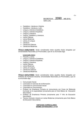 -16-

                                       DECRETO N°     2090       -ME-2010.-
                                       SAN LUIS,


   •   Castellano, Literatura e Historia.
   •   Castellano, Literatura y Latín.
   •   Lengua y Literatura Castellana.
   •   Lengua y Literatura Española.
   •   Lengua y Literatura.
   •   Lengua, Castellano y Literatura.
   •   Letras Clásicas.
   •   Letras Modernas.
   •   Letras y/o Lengua.
   •   Literatura.
   •   Literaturas Clásicas.
   •   Literaturas Modernas.

TÍTULO HABILITANTE: Serán considerados todos aquellos títulos otorgados por
Universidades Nacionales y/o Provinciales y que en su enunciado diga:

       Licenciado de/en:
   •   Filosofía y Letras.
   •   Lengua y Literatura Castellana.
   •   Lengua y Literatura Española.
   •   Lengua y Literatura.
   •   Letras Clásicas.
   •   Letras Modernas.
   •   Letras y/o Lengua.
   •   Literaturas Clásicas.
   •   Literaturas Modernas.

TÍTULO SUPLETORIO: Serán considerados todos aquellos títulos otorgados por
Institutos de Formación Docente, Universidades Nacionales y/o Provinciales y que en
su enunciado diga:

   •   Comunicador Social.
   •   Licenciado en Ciencias de la Información.
   •   Licenciado en Comunicación Social
   •   Licenciado en Comunicación.
   •   Profesor de Enseñanza Primaria en concurrencia con Curso de Referente
       Curricular en la especialidad (únicamente para el Ciclo Básico de Educación
       Secundaria)
   •   Profesor de Enseñanza Primaria (únicamente para 1º Año de Educación
       Secundaria)
   •   Técnico Corrector Literario en Letras Modernas (únicamente para Ciclo Básico
       de Educación Secundaria).


                             ESPACIOS CURRICULARES:
                            IDIOMA EXTRANJERO I, II Y III
 