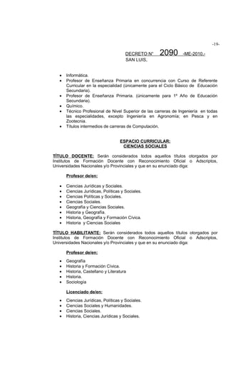 -19-

                                       DECRETO N°    2090        -ME-2010.-
                                       SAN LUIS,


   •   Informática.
   •   Profesor de Enseñanza Primaria en concurrencia con Curso de Referente
       Curricular en la especialidad (únicamente para el Ciclo Básico de Educación
       Secundaria).
   •   Profesor de Enseñanza Primaria. (únicamente para 1º Año de Educación
       Secundaria).
   •   Químico.
   •   Técnico Profesional de Nivel Superior de las carreras de Ingeniería en todas
       las especialidades, excepto Ingeniería en Agronomía; en Pesca y en
       Zootecnia.
   •   Títulos intermedios de carreras de Computación.


                                    ESPACIO CURRICULAR:
                                     CIENCIAS SOCIALES

TÍTULO DOCENTE: Serán considerados todos aquellos títulos otorgados por
Institutos de Formación Docente con Reconocimiento Oficial o Adscriptos,
Universidades Nacionales y/o Provinciales y que en su enunciado diga:

       Profesor de/en:

   •   Ciencias Jurídicas y Sociales.
   •   Ciencias Jurídicas, Políticas y Sociales.
   •   Ciencias Políticas y Sociales.
   •   Ciencias Sociales.
   •   Geografía y Ciencias Sociales.
   •   Historia y Geografía.
   •   Historia, Geografía y Formación Cívica.
   •   Historia y Ciencias Sociales

TÍTULO HABILITANTE: Serán considerados todos aquellos títulos otorgados por
Institutos de Formación Docente con Reconocimiento Oficial o Adscriptos,
Universidades Nacionales y/o Provinciales y que en su enunciado diga:

       Profesor de/en:
   •   Geografía
   •   Historia y Formación Cívica.
   •   Historia, Castellano y Literatura
   •   Historia.
   •   Sociología

       Licenciado de/en:
   •   Ciencias Jurídicas, Políticas y Sociales.
   •   Ciencias Sociales y Humanidades.
   •   Ciencias Sociales.
   •   Historia, Ciencias Jurídicas y Sociales.
 
