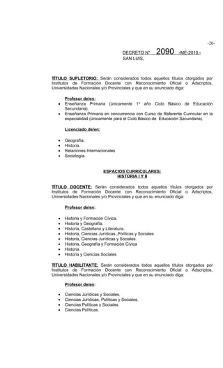 -20-

                                       DECRETO N°           2090   -ME-2010.-
                                       SAN LUIS,



TÍTULO SUPLETORIO: Serán considerados todos aquellos títulos otorgados por
Institutos de Formación Docente con Reconocimiento Oficial o Adscriptos,
Universidades Nacionales y/o Provinciales y que en su enunciado diga:

       Profesor de/en:
   •   Enseñanza Primaria (únicamente 1º año Ciclo Básico de Educación
       Secundaria).
   •   Enseñanza Primaria en concurrencia con Curso de Referente Curricular en la
       especialidad (únicamente para el Ciclo Básico de Educación Secundaria).

       Licenciado de/en:

   •   Geografía.
   •   Historia.
   •   Relaciones Internacionales
   •   Sociología.


                            ESPACIOS CURRICULARES:
                                 HISTORIA I Y II

TÍTULO DOCENTE: Serán considerados todos aquellos títulos otorgados por
Institutos de Formación Docente con Reconocimiento Oficial o Adscriptos,
Universidades Nacionales y/o Provinciales y que en su enunciado diga:

       Profesor de/en:

   •   Historia y Formación Cívica.
   •   Historia y Geografía.
   •   Historia, Castellano y Literatura.
   •   Historia, Ciencias Jurídicas ,Políticas y Sociales
   •   Historia, Ciencias Jurídicas y Sociales.
   •   Historia, Geografía y Formación Cívica
   •   Historia.
   •   Historia y Ciencias Sociales

TÍTULO HABILITANTE: Serán considerados todos aquellos títulos otorgados por
Institutos de Formación Docente con Reconocimiento Oficial o Adscriptos,
Universidades Nacionales y/o Provinciales y que en su enunciado diga:

       Profesor de/en:

   •   Ciencias Jurídicas y Sociales.
   •   Ciencias Jurídicas, Políticas y Sociales.
   •   Ciencias Políticas y Sociales.
   •   Ciencias Políticas.
 