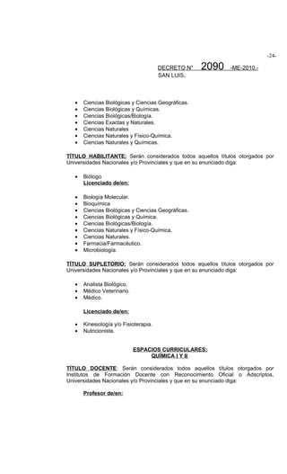 -24-

                                        DECRETO N°   2090   -ME-2010.-
                                        SAN LUIS,



   •   Ciencias Biológicas y Ciencias Geográficas.
   •   Ciencias Biológicas y Químicas.
   •   Ciencias Biológicas/Biología.
   •   Ciencias Exactas y Naturales.
   •   Ciencias Naturales
   •   Ciencias Naturales y Físico-Química.
   •   Ciencias Naturales y Químicas.

TÍTULO HABILITANTE: Serán considerados todos aquellos títulos otorgados por
Universidades Nacionales y/o Provinciales y que en su enunciado diga:

   •   Biólogo
       Licenciado de/en:

   •   Biología Molecular.
   •   Bioquímica
   •   Ciencias Biológicas y Ciencias Geográficas.
   •   Ciencias Biológicas y Química.
   •   Ciencias Biológicas/Biología.
   •   Ciencias Naturales y Físico-Química.
   •   Ciencias Naturales.
   •   Farmacia/Farmacéutico.
   •   Microbiología.

TÍTULO SUPLETORIO: Serán considerados todos aquellos títulos otorgados por
Universidades Nacionales y/o Provinciales y que en su enunciado diga:

   •   Analista Biológico.
   •   Médico Veterinario.
   •   Médico.

       Licenciado de/en:

   •   Kinesiología y/o Fisioterapia.
   •   Nutricionista.


                             ESPACIOS CURRICULARES:
                                  QUÍMICA I Y II

TÍTULO DOCENTE: Serán considerados todos aquellos títulos otorgados por
Institutos de Formación Docente con Reconocimiento Oficial o Adscriptos,
Universidades Nacionales y/o Provinciales y que en su enunciado diga:

       Profesor de/en:
 