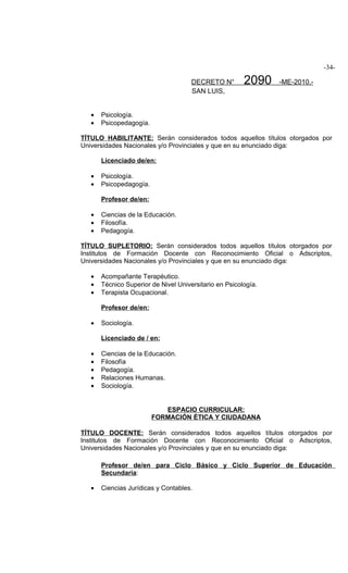 -34-

                                      DECRETO N°        2090    -ME-2010.-
                                      SAN LUIS,


   •   Psicología.
   •   Psicopedagogía.

TÍTULO HABILITANTE: Serán considerados todos aquellos títulos otorgados por
Universidades Nacionales y/o Provinciales y que en su enunciado diga:

       Licenciado de/en:

   •   Psicología.
   •   Psicopedagogía.

       Profesor de/en:

   •   Ciencias de la Educación.
   •   Filosofía.
   •   Pedagogía.

TÍTULO SUPLETORIO: Serán considerados todos aquellos títulos otorgados por
Institutos de Formación Docente con Reconocimiento Oficial o Adscriptos,
Universidades Nacionales y/o Provinciales y que en su enunciado diga:

   •   Acompañante Terapéutico.
   •   Técnico Superior de Nivel Universitario en Psicología.
   •   Terapista Ocupacional.

       Profesor de/en:

   •   Sociología.

       Licenciado de / en:

   •   Ciencias de la Educación.
   •   Filosofía
   •   Pedagogía.
   •   Relaciones Humanas.
   •   Sociología.


                            ESPACIO CURRICULAR:
                         FORMACIÓN ÉTICA Y CIUDADANA

TÍTULO DOCENTE: Serán considerados todos aquellos títulos otorgados por
Institutos de Formación Docente con Reconocimiento Oficial o Adscriptos,
Universidades Nacionales y/o Provinciales y que en su enunciado diga:

       Profesor de/en para Ciclo Básico y Ciclo Superior de Educación
       Secundaria:

   •   Ciencias Jurídicas y Contables.
 