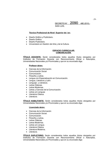 -39-

                                       DECRETO N°           2090   -ME-2010.-
                                       SAN LUIS,


       Técnico Profesional de Nivel Superior de / en:

   •   Diseño Gráfico y Publicitario.
   •   Diseño Gráfico.
   •   Diseño Publicitario.
   •   Universitario en Gestión del Arte y de la Cultura.


                                    ESPACIO CURRICULAR:
                                       COMUNICACIÓN

TÍTULO DOCENTE: Serán considerados todos aquellos títulos otorgados por
Institutos de Formación Docente con Reconocimiento Oficial o Adscriptos,
Universidades Nacionales y/o Provinciales y que en su enunciado diga:

       Profesor de/en:
   •   Ciencias de la Información.
   •   Comunicación Social
   •   Comunicación.
   •   Filosofía y Letras.
   •   Lengua con Especialización en Comunicación.
   •   Lengua, Literatura y Latín.
   •   Lenguaje y Literatura.
   •   Letras Clásicas.
   •   Letras Modernas.
   •   Letras y Ciencias de la Comunicación.
   •   Letras y/o Lenguas
   •   Literatura Clásica.
   •   Literatura.

TÍTULO HABILITANTE: Serán considerados todos aquellos títulos otorgados por
Universidades Nacionales y/o Provinciales y que en su enunciado diga:

       Licenciado de/en:

   •   Ciencias de la Información
   •   Comunicación Social.
   •   Comunicación.
   •   Filosofía y Letras.
   •   Letras Clásicas.
   •   Letras Modernas.
   •   Letras y/o Lengua.
   •   Literatura Clásica.
   •   Literatura Moderna.
   •   Literatura.
TÍTULO SUPLETORIO: Serán considerados todos aquellos títulos otorgados por
Institutos de Formación Docente con Reconocimiento Oficial o Adscriptos,
Universidades Nacionales y/o Provinciales y que en su enunciado diga:
 