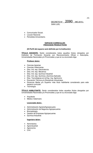 -40-

                                      DECRETO N°        2090      -ME-2010.-
                                      SAN LUIS,



   •   Comunicador Social.
   •   Locutor Nacional.
   •   Periodista Universitario.


                              ESPACIO CURRICULAR:
                             PROCESOS PRODUCTIVOS

       (El Perfil del espacio será definido por la Institución)

TÍTULO DOCENTE: Serán considerados todos aquellos títulos otorgados por
Institutos de Formación Docente con Reconocimiento Oficial o Adscriptos,
Universidades Nacionales y/o Provinciales y que en su enunciado diga:

       Profesor de/en:

   •   Ciencias Agrarias
   •   Ciencias Veterinarias
   •   Disc. Ind. esp. Electrotecnia
   •   Disc. Ind. esp. Mecánica
   •   Disc. Ind. esp. Química Industrial
   •   Disc. Ind. esp. Química y Química Aplicada
   •   Disc. Tecnológicas en la Esp. Ing. Agrónomo
   •   Educación Técnica y/o Disciplinas Industriales.
   •   Docencia Media y/o Superior más título habilitante considerado para este
       espacio curricular.
   •   Tecnología

TÍTULO HABILITANTE: Serán considerados todos aquellos títulos otorgados por
Universidades Nacionales y/o Provinciales y que en su enunciado diga:

   •   Arquitecto
   •   Médico Veterinario

       Licenciado de/en:

   •   Administración Agraria/Agropecuaria
   •   Administración de Negocios Agropecuarios
   •   Bromatología
   •   Gestión de Empresas Agropecuarias
   •   Química Industrial.

       Ingeniero de/en:

   •   Aeronáutica.
   •   Agroindustrial
   •   Agronomía
   •   Civil.
 