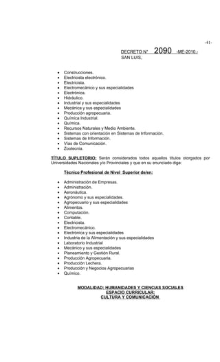 -41-

                                      DECRETO N°           2090   -ME-2010.-
                                      SAN LUIS,


   •   Construcciones.
   •   Electricista electrónico.
   •   Electricista.
   •   Electromecánico y sus especialidades
   •   Electrónica.
   •   Hidráulico.
   •   Industrial y sus especialidades
   •   Mecánica y sus especialidades
   •   Producción agropecuaria.
   •   Química Industrial.
   •   Química.
   •   Recursos Naturales y Medio Ambiente.
   •   Sistemas con orientación en Sistemas de Información.
   •   Sistemas de Información.
   •   Vías de Comunicación.
   •   Zootecnia.

TÍTULO SUPLETORIO: Serán considerados todos aquellos títulos otorgados por
Universidades Nacionales y/o Provinciales y que en su enunciado diga:

       Técnico Profesional de Nivel Superior de/en:

   •   Administración de Empresas.
   •   Administración.
   •   Aeronáutica.
   •   Agrónomo y sus especialidades.
   •   Agropecuario y sus especialidades
   •   Alimentos.
   •   Computación.
   •   Contable.
   •   Electricista.
   •   Electromecánico.
   •   Electrónica y sus especialidades
   •   Industria de la Alimentación y sus especialidades
   •   Laboratorio Industrial
   •   Mecánico y sus especialidades
   •   Planeamiento y Gestión Rural.
   •   Producción Agropecuaria.
   •   Producción Lechera.
   •   Producción y Negocios Agropecuarias
   •   Químico.


              MODALIDAD: HUMANIDADES Y CIENCIAS SOCIALES
                         ESPACIO CURRICULAR:
                      CULTURA Y COMUNICACIÓN
 