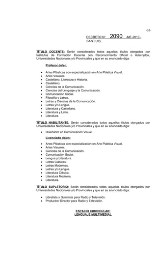 -55-

                                      DECRETO N°         2090         -ME-2010.-
                                      SAN LUIS,


TÍTULO DOCENTE: Serán considerados todos aquellos títulos otorgados por
Institutos de Formación Docente con Reconocimiento Oficial o Adscriptos,
Universidades Nacionales y/o Provinciales y que en su enunciado diga:

       Profesor de/en:

   •   Artes Plásticas con especialización en Arte Plástica Visual.
   •   Artes Visuales.
   •   Castellano, Literatura e Historia.
   •   Castellano.
   •   Ciencias de la Comunicación.
   •   Ciencias del Lenguaje y la Comunicación.
   •   Comunicación Social.
   •   Filosofía y Letras.
   •   Letras y Ciencias de la Comunicación.
   •   Letras y/o Lengua.
   •   Literatura y Castellano.
   •   Literatura y Latín.
   •   Literatura.

TÍTULO HABILITANTE: Serán considerados todos aquellos títulos otorgados por
Universidades Nacionales y/o Provinciales y que en su enunciado diga:

   •   Diseñador en Comunicación Visual.
       Licenciado de/en:

   •   Artes Plásticas con especialización en Arte Plástica Visual.
   •   Artes Visuales.
   •   Ciencias de la Comunicación.
   •   Comunicación Social.
   •   Lengua y Literatura.
   •   Letras Clásicas.
   •   Letras Modernas.
   •   Letras y/o Lengua.
   •   Literatura Clásica.
   •   Literatura Moderna.
   •   Literatura.

TÍTULO SUPLETORIO: Serán considerados todos aquellos títulos otorgados por
Universidades Nacionales y/o Provinciales y que en su enunciado diga:

   •   Libretista y Guionista para Radio y Televisión.
   •   Productor/ Director para Radio y Televisión.


                              ESPACIO CURRICULAR:
                             LENGUAJE MULTIMEDIAL
 