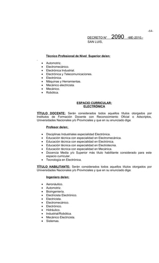 -64-

                                     DECRETO N°        2090    -ME-2010.-
                                     SAN LUIS,



        Técnico Profesional de Nivel Superior de/en:
.
    •   Automotriz.
    •   Electromecánico.
    •   Electrónica Industrial.
    •   Electrónica y Telecomunicaciones.
    •   Electrónica.
    •   Máquinas y Herramientas.
    •   Mecánico electricista.
    •   Mecánico.
    •   Robótica.


                                ESPACIO CURRICULAR:
                                   ELECTRÓNICA

TÍTULO DOCENTE: Serán considerados todos aquellos títulos otorgados por
Institutos de Formación Docente con Reconocimiento Oficial o Adscriptos,
Universidades Nacionales y/o Provinciales y que en su enunciado diga:

        Profesor de/en:

    •   Disciplinas Industriales especialidad Electrónica.
    •   Educación técnica con especialidad en Electromecánica.
    •   Educación técnica con especialidad en Electrónica.
    •   Educación técnica con especialidad en Electrotecnia.
    •   Educación técnica con especialidad en Mecánica.
    •   Docencia Media y/o Superior más título habilitante considerado para este
        espacio curricular.
    •   Tecnología en Electrónica.

TÍTULO HABILITANTE: Serán considerados todos aquellos títulos otorgados por
Universidades Nacionales y/o Provinciales y que en su enunciado diga:

        Ingeniero de/en:

    •   Aeronáutico.
    •   Automotriz.
    •   Bioingeniería.
    •   Electricista Electrónico.
    •   Electricista.
    •   Electromecánico.
    •   Electrónico.
    •   Hidráulico.
    •   Industrial/Robótica.
    •   Mecánico Electricista.
    •   Sistemas.
 