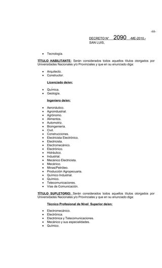 -68-

                                    DECRETO N°        2090   -ME-2010.-
                                    SAN LUIS,


   •   Tecnología.

TÍTULO HABILITANTE: Serán considerados todos aquellos títulos otorgados por
Universidades Nacionales y/o Provinciales y que en su enunciado diga:

   •   Arquitecto.
   •   Constructor.

       Licenciado de/en:

   •   Química.
   •   Geología.

       Ingeniero de/en:

   •   Aeronáutico.
   •   Agroindustrial.
   •   Agrónomo.
   •   Alimentos.
   •   Automotriz.
   •   Bioingeniería.
   •   Civil.
   •   Construcciones.
   •   Electricista Electrónico.
   •   Electricista.
   •   Electromecánico.
   •   Electrónico.
   •   Hidráulico.
   •   Industrial.
   •   Mecánico Electricista.
   •   Mecánico.
   •   Minas/Petróleo.
   •   Producción Agropecuaria.
   •   Químico Industrial.
   •   Químico.
   •   Telecomunicaciones.
   •   Vías de Comunicación.

TÍTULO SUPLETORIO: Serán considerados todos aquellos títulos otorgados por
Universidades Nacionales y/o Provinciales y que en su enunciado diga:

       Técnico Profesional de Nivel Superior de/en:

   •   Electromecánico.
   •   Electrónica.
   •   Electrónica y Telecomunicaciones.
   •   Mecánico y sus especialidades.
   •   Químico.
 