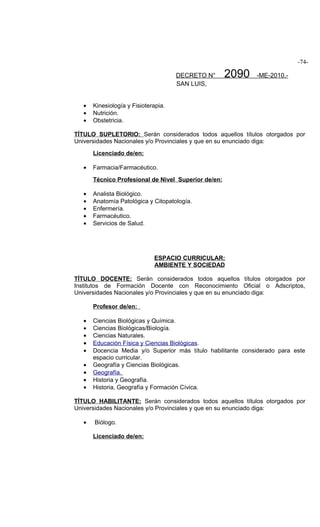 -74-

                                      DECRETO N°      2090    -ME-2010.-
                                      SAN LUIS,


   •   Kinesiología y Fisioterapia.
   •   Nutrición.
   •   Obstetricia.

TÍTULO SUPLETORIO: Serán considerados todos aquellos títulos otorgados por
Universidades Nacionales y/o Provinciales y que en su enunciado diga:

       Licenciado de/en:

   •   Farmacia/Farmacéutico.

       Técnico Profesional de Nivel Superior de/en:

   •   Analista Biológico.
   •   Anatomía Patológica y Citopatología.
   •   Enfermería.
   •   Farmacéutico.
   •   Servicios de Salud.




                              ESPACIO CURRICULAR:
                              AMBIENTE Y SOCIEDAD

TÍTULO DOCENTE: Serán considerados todos aquellos títulos otorgados por
Institutos de Formación Docente con Reconocimiento Oficial o Adscriptos,
Universidades Nacionales y/o Provinciales y que en su enunciado diga:

       Profesor de/en:

   •   Ciencias Biológicas y Química.
   •   Ciencias Biológicas/Biología.
   •   Ciencias Naturales.
   •   Educación Física y Ciencias Biológicas.
   •   Docencia Media y/o Superior más título habilitante considerado para este
       espacio curricular.
   •   Geografía y Ciencias Biológicas.
   •   Geografía.
   •   Historia y Geografía.
   •   Historia, Geografía y Formación Cívica.

TÍTULO HABILITANTE: Serán considerados todos aquellos títulos otorgados por
Universidades Nacionales y/o Provinciales y que en su enunciado diga:

   •   Biólogo.

       Licenciado de/en:
 
