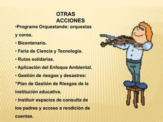 OTRAS
                      ACCIONES
•Programa Orquestando: orquestas
y coros.
• Bicentenario.
• Feria de Ciencia y Tecnología.
• Rutas solidarias.
• Aplicación del Enfoque Ambiental.
• Gestión de riesgos y desastres:
“Plan de Gestión de Riesgos de la
institución educativa.
• Instituir espacios de consulta de
los padres y acceso a rendición de
cuentas.
 