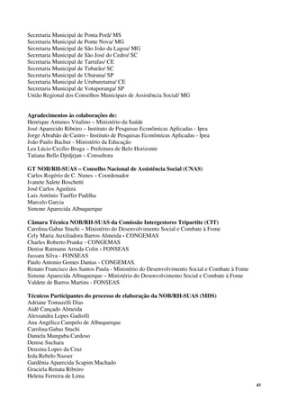 43
Secretaria Municipal de Ponta Porã/ MS
Secretaria Municipal de Ponte Nova/ MG
Secretaria Municipal de São João da Lagoa/ MG
Secretaria Municipal de São José do Cedro/ SC
Secretaria Municipal de Tarrafas/ CE
Secretaria Municipal de Tubarão/ SC
Secretaria Municipal de Ubarana/ SP
Secretaria Municipal de Uruburetama/ CE
Secretaria Municipal de Votuporanga/ SP
União Regional dos Conselhos Municipais de Assistência Social/ MG
Agradecimentos às colaborações de:
Henrique Antunes Vitalino – Ministério da Saúde
José Aparecido Ribeiro – Instituto de Pesquisas Econômicas Aplicadas - Ipea
Jorge Abrahão de Castro - Instituto de Pesquisas Econômicas Aplicadas - Ipea
João Paulo Bachur - Ministério da Educação
Lea Lúcio Cecílio Braga – Prefeitura de Belo Horizonte
Tatiana Bello Djrdjrjan – Consultora
GT NOB/RH-SUAS – Conselho Nacional de Assistência Social (CNAS)
Carlos Rogério de C. Nunes – Coordenador
Ivanete Salete Boschetti
José Carlos Aguilera
Luis Antônio Tauffer Padilha
Marcelo Garcia
Simone Aparecida Albuquerque
Câmara Técnica NOB/RH-SUAS da Comissão Intergestores Tripartite (CIT)
Carolina Gabas Stuchi – Ministério do Desenvolvimento Social e Combate à Fome
Cely Maria Auxiliadora Barros Almeida - CONGEMAS
Charles Roberto Pranke - CONGEMAS
Denise Ratmann Arruda Colin - FONSEAS
Jussara Silva - FONSEAS
Paulo Antonio Gomes Dantas - CONGEMAS.
Renato Francisco dos Santos Paula - Ministério do Desenvolvimento Social e Combate à Fome
Simone Aparecida Albuquerque – Ministério do Desenvolvimento Social e Combate à Fome
Valdete de Barros Martins - FONSEAS
Técnicos Participantes do processo de elaboração da NOB/RH-SUAS (MDS)
Adriane Tomazelli Dias
Aidê Cançado Almeida
Alessandra Lopes Gadiolli
Ana Angélica Campelo de Albuquerque
Carolina Gabas Stuchi
Daniela Munguba Cardoso
Denise Suchara
Deusina Lopes da Cruz
Ieda Rebelo Nasser
Gardênia Aparecida Scapim Machado
Graciela Renata Ribeiro
Helena Ferreira de Lima
 