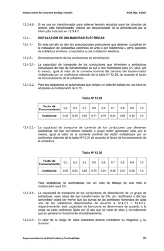 Instalaciones de Consumo en Baja Tensión NCH Elec. 4/2003
12.3.4.8.- Si se usa un transformador para obtener tensión reducida para los circuitos de
control, este transformador deberá ser desconectado de la alimentación por el
interruptor indicado en 12.3.4.7.
12.4.- INSTALACIÓN DE SOLDADORAS ELÉCTRICAS
12.4.1.- En este párrafo se dan las prescripciones particulares que deberán cumplirse en
la instalación de soldadoras eléctricas de arco o por resistencia u otros aparatos
de soldadura similares, conectados a una instalación eléctrica.
12.4.2.- Dimensionamiento de los conductores de alimentación
12.4.2.1.- La capacidad de transporte de los conductores que alimenten a soldadoras
individuales del tipo de transformador de CA o con rectificador para CC será, por
lo menos, igual al valor de la corriente nominal del primario del transformador
multiplicada por un coeficiente obtenido de la tabla Nº 12.29, de acuerdo al factor
de funcionamiento de la soldadora.
12.4.2.2.- Para las soldadoras no automáticas que tengan un ciclo de trabajo de una hora se
adoptará un multiplicador de 0,75.
Tabla Nº 12.29
Factor de
Funcionamiento
0,2 0,3 0,4 0,5 0,6 0,7 0,8 0,9 1,0
Coeficiente 0,45 0,55 0,63 0,71 0,76 0,84 0,89 0,95 1,0
12.4.2.3.- La capacidad de transporte de corriente de los conductores que alimenten
soldadoras del tipo convertidor rotatorio o grupo motor generador será, por lo
menos, igual al valor de la corriente nominal del motor multiplicado por un
coeficiente obtenido de la tabla Nº12.30 de acuerdo al factor de funcionamiento de
la soldadora.
Tabla Nº 12.30
Factor de
Funcionamiento
0,2 0,3 0,4 0,5 0,6 0,7 0,8 0,9 1,0
Coeficiente 0,55 0,62 0,69 0,75 0,81 0,86 0,91 0,96 1,0
Para soldadoras no automáticas con un ciclo de trabajo de una hora el
multiplicador será 0,8.
12.4.2.4.- La capacidad de transporte de los conductores de alimentación de un grupo de
soldadoras, sean estas del tipo transformador de CA, con rectificador o del tipo
convertidor podrá ser menor que las sumas de las corrientes nominales de cada
una de las soldadoras determinadas de acuerdo a 12.4.2.1 o 12.4.2.2,
respectivamente; esta capacidad de transporte se determinará de acuerdo a la
carga de cada soldadora fijada por el uso que se hace de ellas y considerando
que en general no funcionarán simultáneamente.
12.4.2.5.- El valor de la carga de cada soldadora deberá considerar su magnitud y su
duración.
Superintendencia de Electricidad y Combustibles 99
 