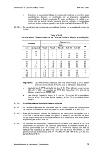 Instalaciones de Consumo en Baja Tensión NCH Elec. 4/2003
• Embutidas si sus características de resistencia mecánica lo permiten; estas
características deberán ser certificadas por un organismo competente
reconocido por la Superintendencia. En estas condiciones, al instalarse en
muros sólo se podrá hacerlo mediante tramos verticales u horizontales
próximos al cielo o piso en condiciones similares a las indicadas en 8.2.4.5.
8.2.10.4.- En canalizaciones en tuberías no metálicas flexibles no se acepta el empleo de
coplas.
Tabla Nº 8.15
Características Dimensionales de las Tuberías Plásticas Rígidas y Semirígidas
Espesor [mm]
Diámetro
PVC
[mm] [pulgadas] Tipo I Tipo II Tipo III Sch 40 Sch 80
PE
16
20
25
32
5/8
½
¾
1
-
-
-
-
-
-
-
-
1,2
1,5
1,5
1,8
-
2,8
2,9
3,4
-
3,7
3,9
4,5
1,8
2,0
2,0
2,4
40
50
63
75
1 ¼
1 ½
2
2 ½
-
-
-
1,8
1,8
1,8
1,9
2,2
1,9
2,4
3,0
3,6
3,6
3,7
3,9
5,2
4,9
5,1
5,5
7,0
3,0
3,0
4,0
4,5
90
110
140
160
3
4
5
6
1,8
2,2
2,8
3,2
2,7
3,2
4,1
4,1
4,3
5,3
6,7
7,7
5,5
6,0
6,6
7,1
7,6
8,6
9,5
10,9
5
6
-
-
Importante: Las dimensiones indicadas son sólo referenciales y no se deben
entender como valores de norma para la fabricación de tuberías.
• Las tuberías de PVC (conduits) de tipos I, II y III se fabrican según normas
NCh 397 y 399. Los conduits de PVC Sch (Schedule) 40 y Sch 80 se
fabrican según norma ASTM 1785.
• Las tuberías (conduits) tipos I y II y el de 16 mm tipo III se consideran
livianos, el tipo Sch 40 es de tipo pesado y el Sch 80 se considera de alto
impacto.
8.2.11.- Cantidad máxima de conductores en tuberías
8.2.11.1.- La cantidad máxima de los diferentes tipos de conductores en los distintos tipos
de tuberías se fijará de acuerdo a lo prescrito en las tablas Nº 8.16 a Nº 8.19.
8.2.11.2.- Para fijar la cantidad máxima de conductores en una tubería se aceptará que el
conductor o haz de conductores, incluyendo la aislación de cada uno de ellos,
ocupe un porcentaje de la sección transversal de la tubería que esté de acuerdo a
lo prescrito por la tabla Nº 8.16.
8.2.11.3.- La cantidad de conductores, determinada de acuerdo a la tabla Nº 8.16 y sus
condiciones de aplicación, se verificará comparando el diámetro interno de la
tubería considerada con el diámetro de la envolvente teórica del haz de
conductores respectivo. La diferencia entre ellos no deberá ser inferior a 3 mm
para los valores de las tablas Nº 8.17, Nº 8.17a, Nº 8.18 y Nº 8.18a y de 12 mm,
para la tabla Nº 8.19.
Superintendencia de Electricidad y Combustibles 52
 