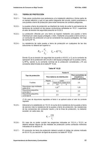 Instalaciones de Consumo en Baja Tensión NCH Elec. 4/2003
10.2.- TIERRA DE PROTECCIÓN
10.2.1.- Toda pieza conductora que pertenezca a la instalación eléctrica o forme parte de
un equipo eléctrico y que no sea parte integrante del circuito, podrá conectarse a
una puesta a tierra de protección para evitar tensiones de contacto peligrosas.
10.2.2.- La puesta a tierra de protección se diseñará de modo de evitar la permanencia de
tensiones de contacto en las piezas conductoras señaladas en 10.2.1, superiores
al valor de tensión de seguridad prescrito en 9.0.6.3.
10.2.3.- La protección ofrecida por una tierra se logrará mediante una puesta a tierra
individual por cada equipo protegido, o bien, mediante una puesta a tierra común y
un conductor de protección al cual se conectarán los equipos protegidos. Ver hoja
de norma Nº 15.
10.2.4.- La resistencia de cada puesta a tierra de protección en cualquiera de las dos
soluciones no deberá ser superior a:
O
S
TP
I
V
R = ; N
O I
K
I *
=
Donde VS es la tensión de seguridad de acuerdo a 9.0.6.3, e IO es la corriente de
operación de la protección del circuito o del equipo protegido por la puesta a tierra,
IO=K*IN; siendo IN la corriente nominal de la protección considerada y K una
constante determinada de la tabla Nº 10.22.
Tabla Nº 10.22
Factor K
Tipo de protección
Para tableros de distribución
Para acometidas de
empalmes y
tableros generales
Rápido Lento
Hasta 50 A Sobre 63 A
Fusibles
3,5
3,5 5
2,5
Disyuntores caja moldeada
sobre 63 A
1,25
(*)
1,25
Disyuntores pequeños,
curva tipo C
3,5 2,5
Disyuntores pequeños,
curva tipo B
2,5 2,5
(*) En caso de disyuntores regulables el factor k se aplicará sobre el valor de corriente
regulada
10.2.5.- Adicional a lo establecido en 10.2.4, la suma de la resistencia de la puesta a tierra
de servicio más la resistencia de la puesta a tierra de protección, las resistencias
de las conexiones del conductor neutro y de la línea de protección, no deberán
exceder, en cada caso, de:
o
s
I
R
220
=
10.2.6.- En caso de no poder cumplir las exigencias indicadas en 10.2.4 y 10.2.5, se
deberá adoptar alguna de las medidas de protección contra contactos indirectos
indicadas en la sección 9.
10.2.7.- El conductor de tierra de protección deberá cumplir el código de colores indicado
en 8.0.4.15 y su sección se fijará de acuerdo a la tabla Nº 10.23.
Superintendencia de Electricidad y Combustibles 80
 