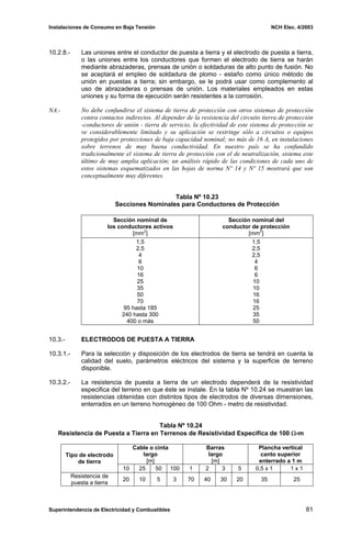 Instalaciones de Consumo en Baja Tensión NCH Elec. 4/2003
10.2.8.- Las uniones entre el conductor de puesta a tierra y el electrodo de puesta a tierra,
o las uniones entre los conductores que formen el electrodo de tierra se harán
mediante abrazaderas, prensas de unión o soldaduras de alto punto de fusión. No
se aceptará el empleo de soldadura de plomo - estaño como único método de
unión en puestas a tierra; sin embargo, se le podrá usar como complemento al
uso de abrazaderas o prensas de unión. Los materiales empleados en estas
uniones y su forma de ejecución serán resistentes a la corrosión.
NA.- No debe confundirse el sistema de tierra de protección con otros sistemas de protección
contra contactos indirectos. Al depender de la resistencia del circuito tierra de protección
-conductores de unión - tierra de servicio, la efectividad de este sistema de protección se
ve considerablemente limitado y su aplicación se restringe sólo a circuitos o equipos
protegidos por protecciones de baja capacidad nominal; no más de 16 A, en instalaciones
sobre terrenos de muy buena conductividad. En nuestro país se ha confundido
tradicionalmente el sistema de tierra de protección con el de neutralización, sistema este
último de muy amplia aplicación; un análisis rápido de las condiciones de cada uno de
estos sistemas esquematizados en las hojas de norma Nº 14 y Nº 15 mostrará que son
conceptualmente muy diferentes.
Tabla Nº 10.23
Secciones Nominales para Conductores de Protección
Sección nominal de
los conductores activos
[mm2
]
Sección nominal del
conductor de protección
[mm2
]
1,5
2,5
4
6
10
16
25
35
50
70
95 hasta 185
240 hasta 300
400 o más
1,5
2,5
2,5
4
6
6
10
10
16
16
25
35
50
10.3.- ELECTRODOS DE PUESTA A TIERRA
10.3.1.- Para la selección y disposición de los electrodos de tierra se tendrá en cuenta la
calidad del suelo, parámetros eléctricos del sistema y la superficie de terreno
disponible.
10.3.2.- La resistencia de puesta a tierra de un electrodo dependerá de la resistividad
especifica del terreno en que éste se instale. En la tabla Nº 10.24 se muestran las
resistencias obtenidas con distintos tipos de electrodos de diversas dimensiones,
enterrados en un terreno homogéneo de 100 Ohm - metro de resistividad.
Tabla Nº 10.24
Resistencia de Puesta a Tierra en Terrenos de Resistividad Específica de 100 Ω-m
Cable o cinta
largo
[m]
Barras
largo
[m]
Plancha vertical
canto superior
enterrado a 1 m
Tipo de electrodo
de tierra
10 25 50 100 1 2 3 5 0,5 x 1 1 x 1
Resistencia de
puesta a tierra
20 10 5 3 70 40 30 20 35 25
Superintendencia de Electricidad y Combustibles 81
 