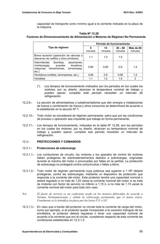 Instalaciones de Consumo en Baja Tensión NCH Elec. 4/2003
capacidad de transporte como mínimo igual a la corriente indicada en la placa de
la máquina.
Tabla Nº 12.28
Factores de Dimensionamiento de Alimentación a Motores de Régimen No Permanente
Período de funcionamiento
Tipo de régimen 5
minutos
15
minutos
30 – 60
minutos
Más de 60
minutos
Breve duración (operación de válvulas o
descenso de rodillos y otros similares)
1,1 1,2 1,5
Intermitentes (bombas, ascensores,
montacargas, puentes levadizos,
máquinas herramientas, tornamesas,
etc.)
0,85 0,85 0,9 1,4
Periódicos (rodillos, laminadores, etc.) 0,85 0,9 0,95 1,4
Variables 1,1 1,2 1,5 2
(*) Los tiempos de funcionamiento indicados son los períodos en los cuales los
motores, por su diseño, alcanzan la temperatura nominal de trabajo y
pueden operar; cumplido este período necesitan un intervalo de
refrigeración.
12.2.9.- La sección de alimentadores y subalimentadores que den energía a instalaciones
de fuerza o combinación de fuerza y otros consumos se determinará de acuerdo a
lo establecido en la sección Nº 7.
12.2.10.- Todo motor se considerará de régimen permanente, salvo que por las condiciones
de proceso u operación sea imposible que trabaje en forma permanente.
12.2.11.- Los tiempos de funcionamiento, indicados en la tabla Nº 12.28, son los períodos
en los cuales los motores, por su diseño, alcanzan su temperatura nominal de
trabajo y pueden operar; cumplido ese período necesitan un intervalo de
refrigeración.
12.3.- PROTECCIONES Y COMANDOS
12.3.1.- Protecciones de sobrecarga
12.3.1.1.- Los conductores de circuito, los motores y los aparatos de control de motores
deben protegerse de sobrecalentamientos debidos a sobrecargas, originadas
durante la marcha del motor o provocadas por fallas en la partida. La protección
de sobrecarga no protegerá contra cortocircuitos o fallas a tierra.
12.3.1.2.- Todo motor de régimen permanente cuya potencia sea superior a 1 HP deberá
protegerse, contra las sobrecargas, mediante un dispositivo de protección que
responda a la corriente del motor. Este protector tendrá una capacidad nominal o
estará regulado a no más de 1,25 veces la corriente nominal del motor si se trata
de motores con factor de servicio no inferior a 1,15 ó, a no más de 1,15 veces la
corriente nominal del motor para todo otro caso.
NA.- El factor de servicio es un coeficiente usado en los motores fabricados de acuerdo a
Normas Norteamericanas y señala la sobrecarga permanente que el motor tolera.
Usualmente se lo identifica en placa por las letras F.S. o S.F.
12.3.1.3.- En caso que a través del protector no circule toda la corriente de carga del motor,
como por ejemplo, si el protector queda incorporado a la conexión triángulo de los
enrollados, el protector deberá regularse o tener una capacidad nominal de
acuerdo a la corriente que por él circule, cumpliendo respecto de esta corriente las
condiciones establecidas en 12.3.1.2.
Superintendencia de Electricidad y Combustibles 95
 