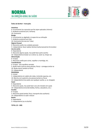Norma nº 054/2011 de 27/12/2011 15/19
Índice de Barthel – Instruções
Intestinos
0- Incontinente (ou necessita que lhe sejam aplicados clisteres)
5- Acidente ocasional (um / semana)
10- Continente
Bexiga
0- Incontinente ou algaliado e incapaz da sua utilização
5- Acidente ocasional (um/ dia)
10- Continente (há mais de 7 dias)
Higiene Pessoal
0- Necessita auxílio nos cuidados pessoais
5- Independente: face/ cabelo/ dentes/ barba (acessórios fornecidos)
Uso da sanita
0- Dependente
5- Necessita alguma ajuda, mas pode fazer parte sozinho
10- Independente (instalar-se e retirar-se, vestir-se, limpar-se)
Alimentação
0- Incapaz
5- Necessita auxílio para cortar, espalhar a manteiga, etc.
Transferências
0- Incapaz - sem equilíbrio sentado
5- Ajuda maior (uma ou duas pessoas, física) – consegue sentar-se
10- Ajuda menor (verbal ou física)
15- Independente
Mobilidade
0- Imóvel
5- Independente em cadeira de rodas, incluindo esquinas, etc.
10- Marcha com ajuda de uma pessoa (verbal ou física)
15- Independente (mas pode usar qualquer auxiliar, p. ex. bengala)
Vestir
0- Dependente
5- Necessita ajuda, mas pode fazer cerca de metade sem ajuda
10- Independente (incluindo botões, fechos, atacadores, etc.)
Escadas
0- Incapaz
5- Necessita ajuda (verbal, física, transporte dos auxiliares)
10- Independente no subir e descer
Banho
0- Dependente
5- Independente (ou no duche)
TOTAL: (0 – 100)
 