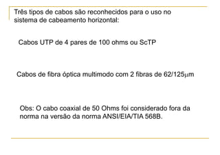 Três tipos de cabos são reconhecidos para o uso no
sistema de cabeamento horizontal:


 Cabos UTP de 4 pares de 100 ohms ou ScTP



Cabos de fibra óptica multimodo com 2 fibras de 62/125μm




 Obs: O cabo coaxial de 50 Ohms foi considerado fora da
 norma na versão da norma ANSI/EIA/TIA 568B.
 