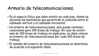 Armario de telecomunicaciones.
• Es el espacio físico que debe existir en cada piso, donde se
ubicaran los bastidores que permitirán la conexión entre el
cableado vertical y el cableado horizontal.
• Un armario de telecomunicaciones, solo puede contener
conexiones para 100 áreas de trabajo. En caso de existir
mas de 100 áreas de trabajo en algún piso, se debe colocar
un armario de telecomunicaciones por cada 100 áreas de
trabajo.
• El tamaño del armario de telecomunicaciones se determina
de acuerdo a la siguiente tabla:
Profesor: Alejandro Parra Durán
 